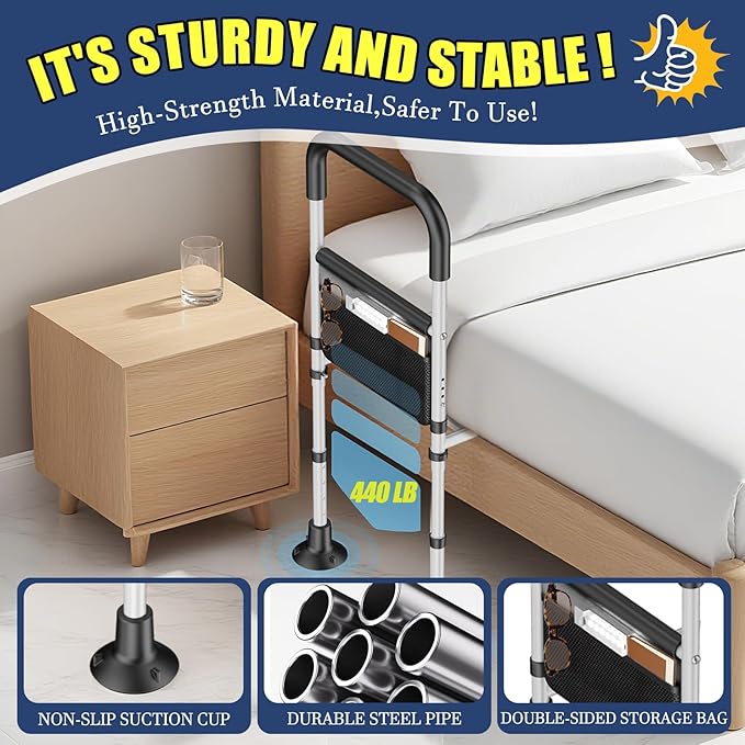 Bed Rails for Elderly Adults Safety,ASTM Approved Adjustable Bed Assist Rails For Seniors,Anti-Slip Ergonomic Handle,440lb Weight Capacity,Comes with storage bag,Night sensor light & Bed Ladder Assist