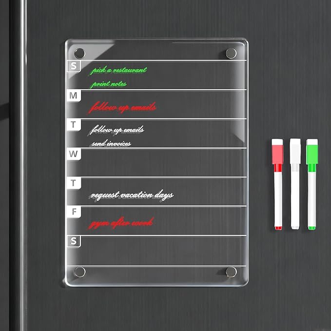 Magnetic Dry Erase Weekly Planner Board for Fridge, 12 X 8 inch Acrylic Calendar Whiteboard with 3 Markers