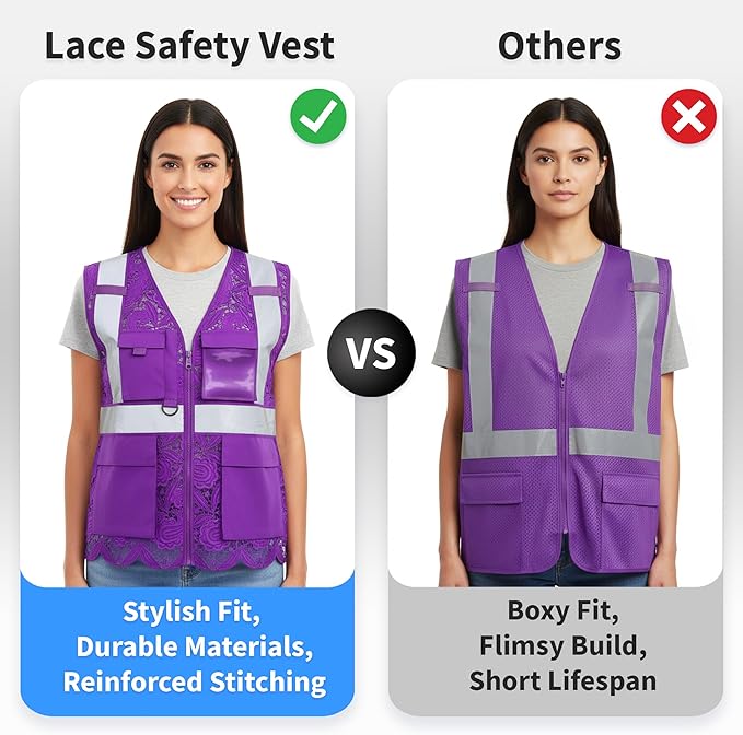 Lace-Mesh Safety Vest for Women & Men - Breathable, High Visibility Vest with Zipper & ANSI Class 2 Reflective Strips