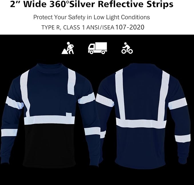 VENDACE Safety Reflective High Visibility Long Sleeve Shirts ANSI Class 3 Hi Vis Construction Work T Shirts for Men