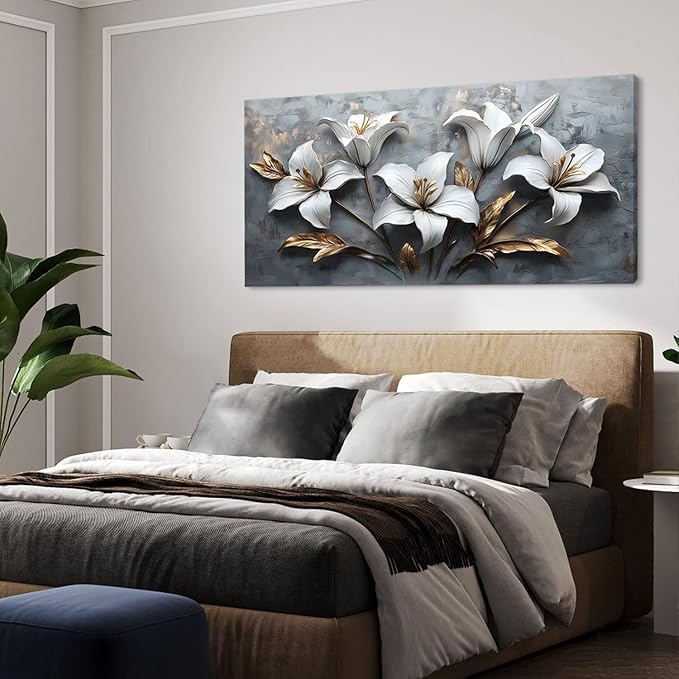 White Flowers Wall Art for Living Room Canvas Painting Prints Beautiful Floral Gold Leaves Gray Modern Artwork Office Bedroom Girls Decor Large