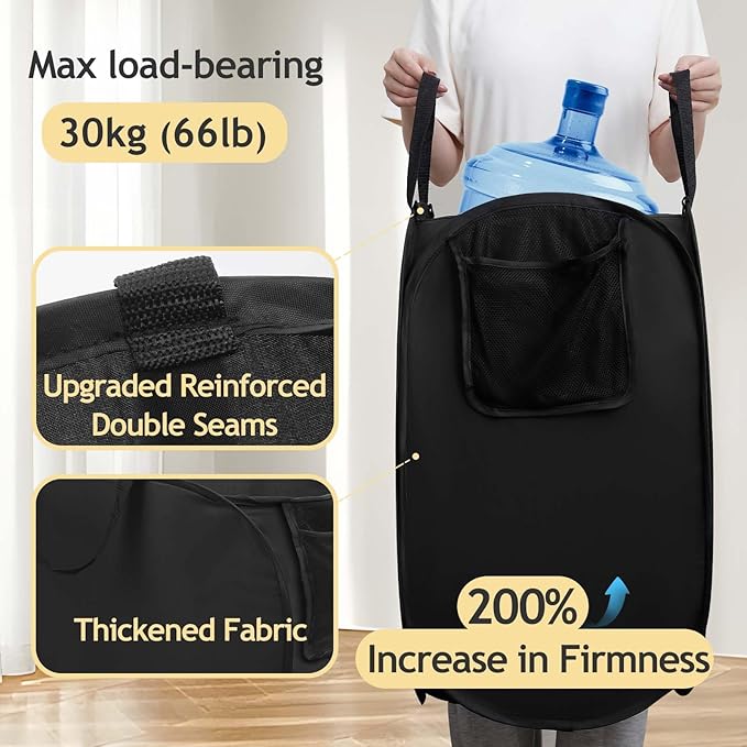 Upgraded Polyester Pop-up Laundry Hamper, 70L(18.5 Gal) Quality Laundry Basket with Durable Handles Solid Bottom High Carbon Steel Frame and Side Pocket, Easy to Open and Fold Flat for Storage