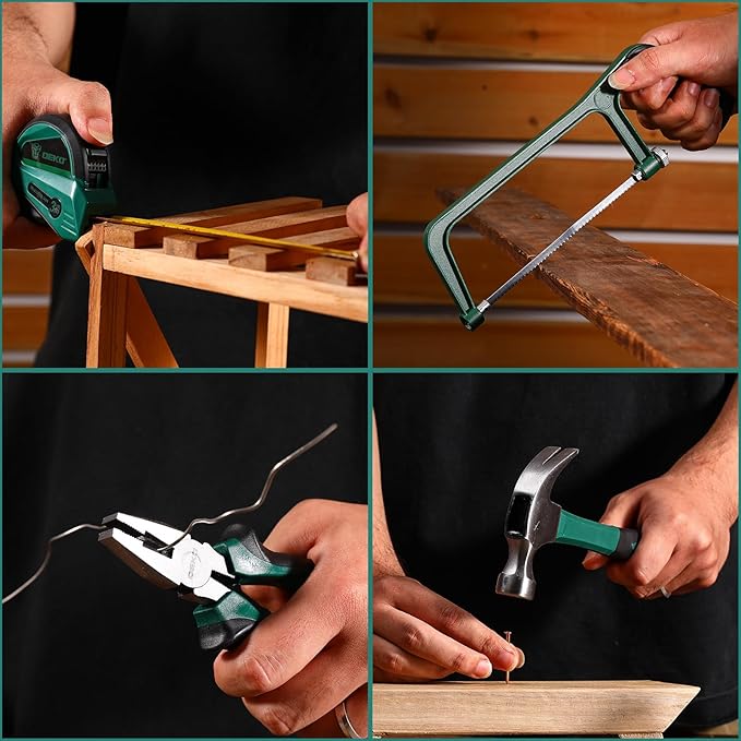 Tool Set: Tool Kit with 12V Cordless Drill, Hand Toolbox with storage case, Mechanic Tool set for Home Repairs, Green