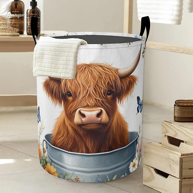 Cute Highland Cattle Laundry Basket, Butterfly Oxford Cloth Laundry Hamper With Handle Foldable Portable Clothes Storage Basket Storage Bag For Laundry Room/Bathroom/Bedroom/Dormitories