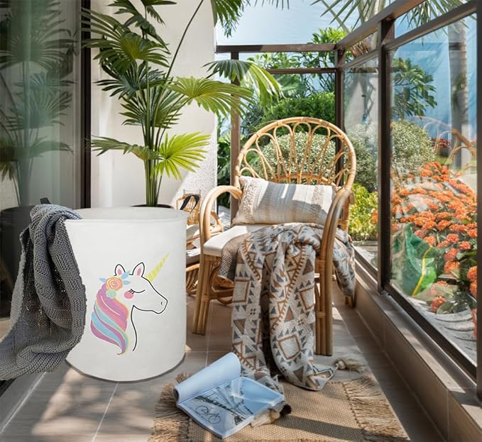 19.7 Inch Round Laundry Clothes Hamper Laundry Basket with Handles,Storage Organizer Bins Laundry Gift Basket for Room, Bedroom Decor (Single Unicorn)