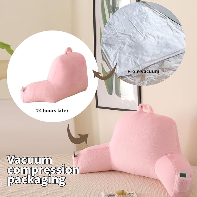Reading Pillow for Sitting in Bed, Large Backrest Reading Pillow with Arm Rest,Back-Rest Support Cushion for Sit Up on Couch, Sofa, and Floor, Dorm Essentials (Pink Faux Fur, Standard(17"))