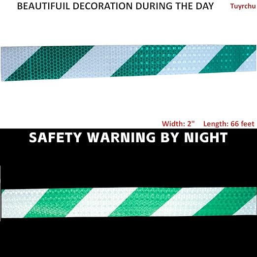Reflective Tape Green and White 2 inch X 66 feet, Outdoor Waterproof Hazard Conspicuity Warning Industrial Marking Tape