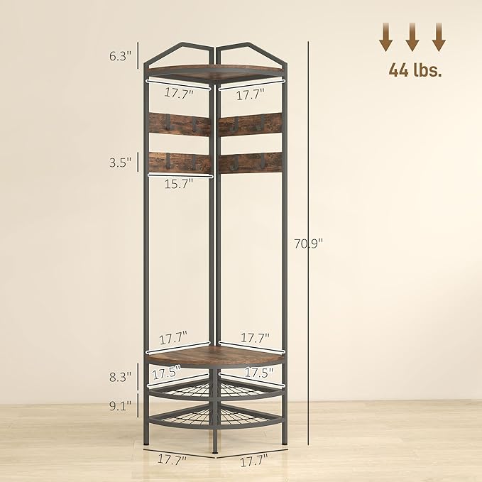 HOMCOM Corner Hall Tree, Industrial 4-Tier Coat Rack with Shoe Storage, 8 Movable Hooks and 2 Storage Shelves, Freestanding Entryway Coat Rack with Steel Frame for Hallway, Rustic Brown