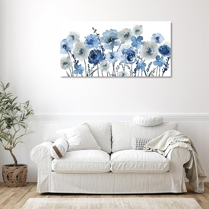 VEAEE Flowers Canvas Wall Art - Indigo Floral Canvas Pictures Living Room Wall Decor Botanical Canvas Prints Painting Abstract Artwork Bedroom Office Home Decor 20"x 40"