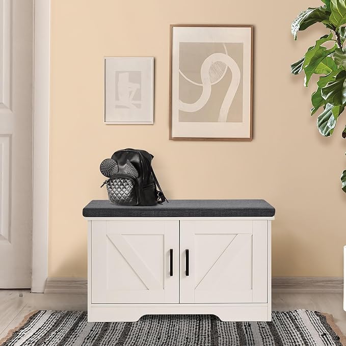 2-Tier Storage Bench, 27.6" Wide Shoe Bench with Padded Seat Cushion, Entryway Bench with 2 Barn Doors and Adjustable Shelf, White