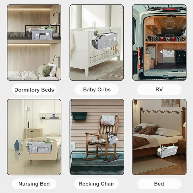 Surblue Bedside Organizer with Hook Bedside Caddy Hanging Storage Bag with Adjustable Straps and Water Bottle Holder for Home College Dorm Bunk Bed Accessories, Crib Bed, Hospital Bed,Lightgrey,2PCS