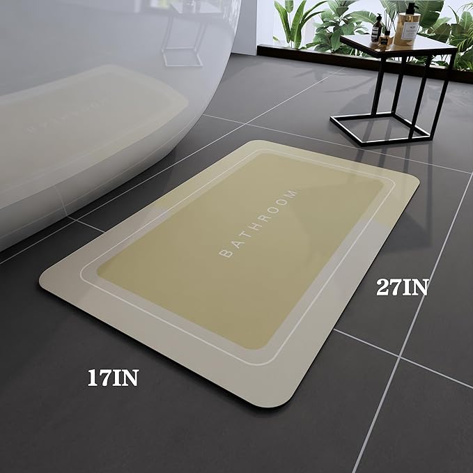 Bath Mat, Bathroom Mat Rugs Super Absorbent Shower Mats Non Slip Quick Dry Thin Rubber Mats for Bathroom Floor Fit Under Door, Shower Rug for Bathtub, Shower, Beige