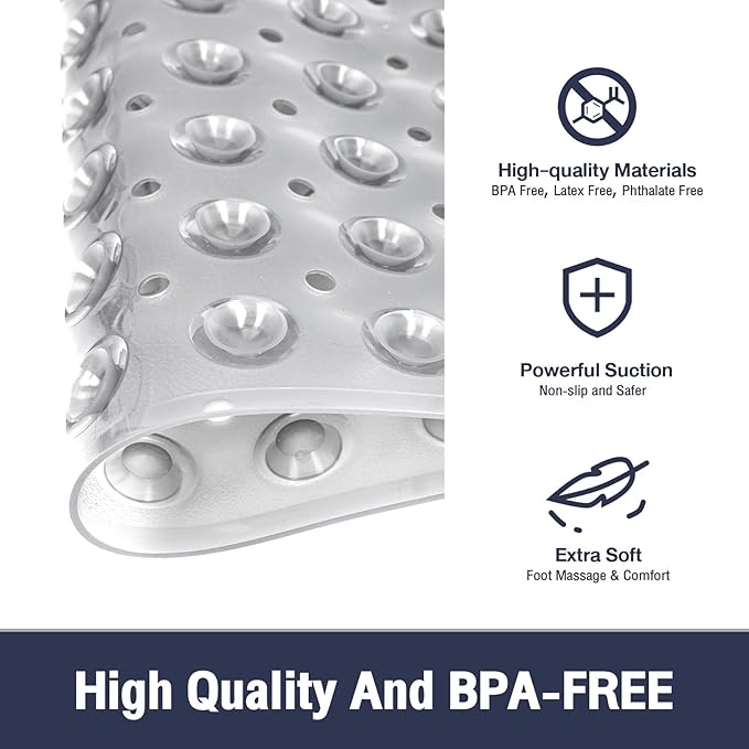 Extra Long Bathtub Mat Non Slip, Clear Gray Soft Bath Mat for Tub 40 x 16 Inch Full Size, Bath Tub Shower Mats for Bathroom Floor, Big Suction Cups and Drain Holes, Easy Washable, BPA Free