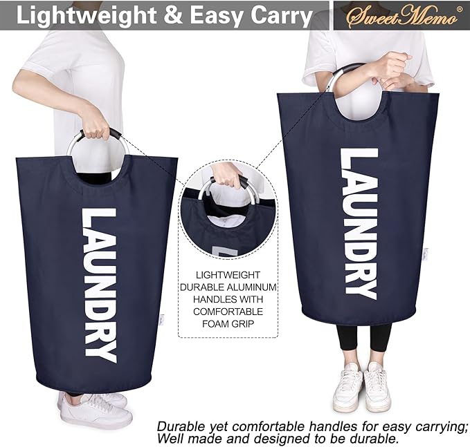 Large Laundry Basket Collapsible，Freestanding Clothes Hamper Bag with Handles – Tall Folding Dirty Laundry Bin，Sturdy Laundry Sorter for College Dorm，Laundry Room – 95L (Navy Blue)