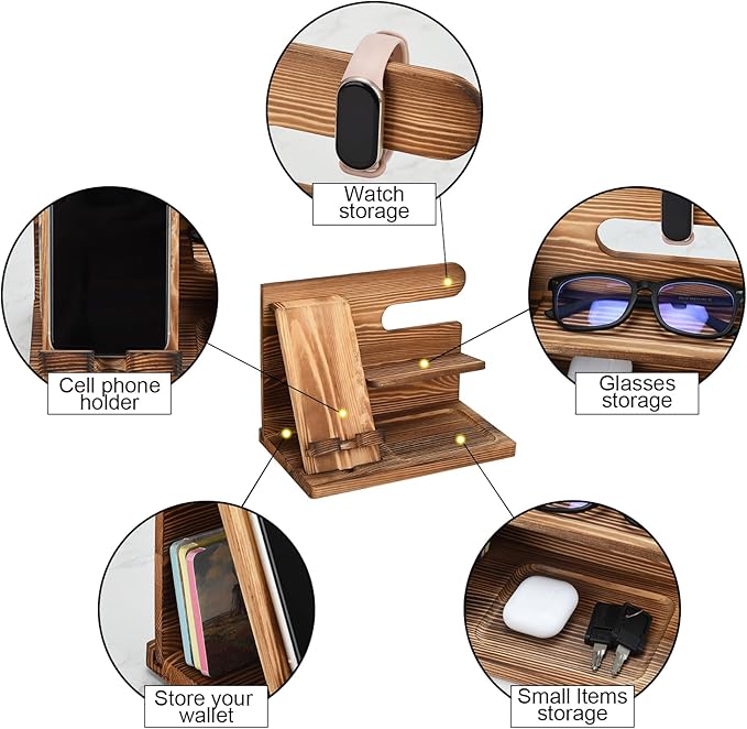Wood Phone Docking Station,Bedside Table Organizer,Nightstand Organizer,Charging Station Organizer,Birthday Gifts for Men (Wood)