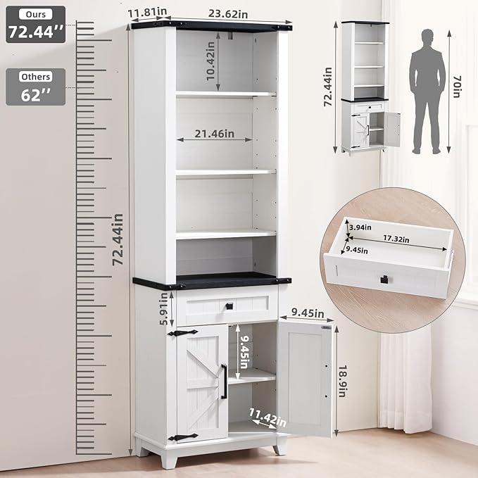 72in Tall Bookshelf 7 Tier Bookcase with Drawer and Barn Doors and Adjustable Shelves, White Farmhouse Book Shelf with Storage Cabinet, Wood Freestanding Display Bookshelves for Kitchen (2PCS)
