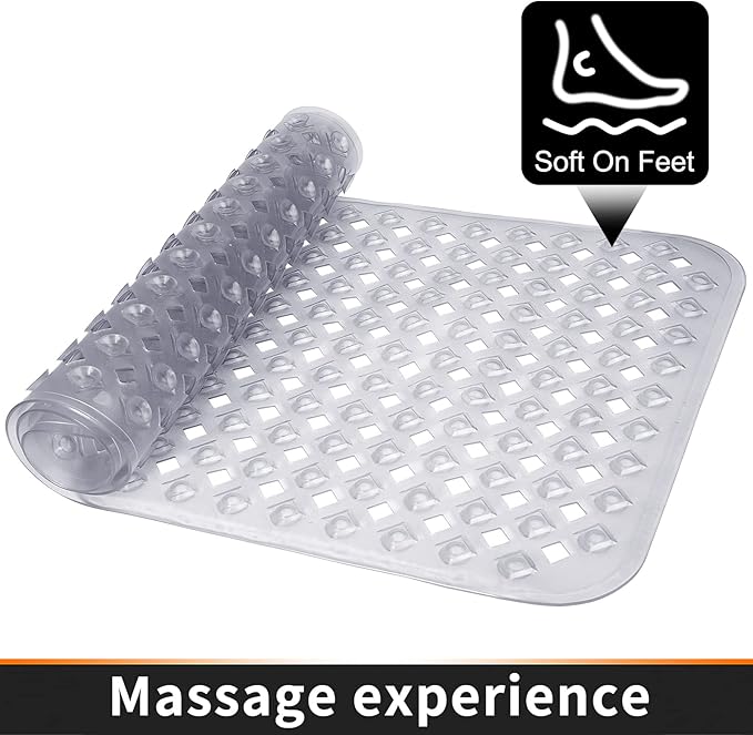 Yimobra Non Slip Bath Mat, Super Strong Suction Cups,34.5"x15.5"Long Tub Mat with Drain Holes, Machine Washable Fast Draining Shower Mats, Bathroom Essentials,Clear Gray