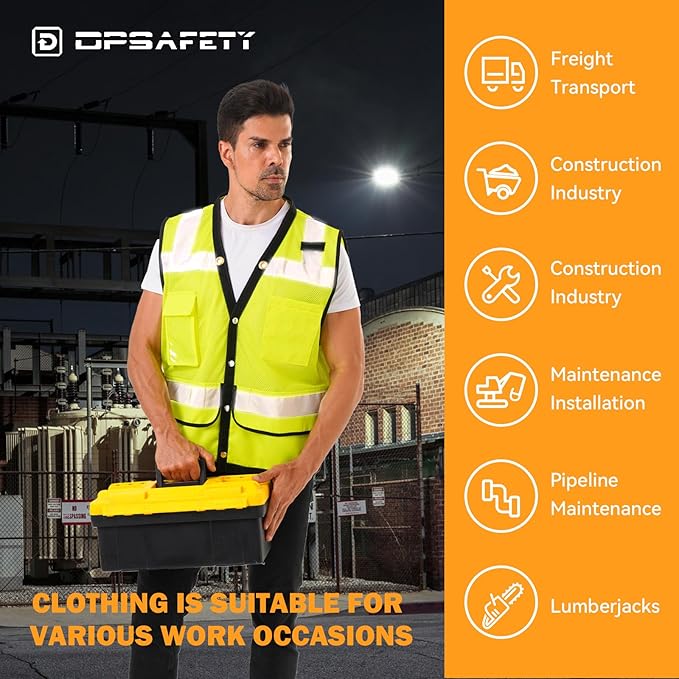 Reflective Safety vest With back plan pocket,High visibility Class 2 Heavy Duty Surveyor Vest,Hi Vis Vest ANSI/ISEA Standard, Construction Work Vest for Men＆Women(Lime-Button,5XL)