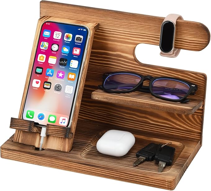 Wood Phone Docking Station,Bedside Table Organizer,Nightstand Organizer,Charging Station Organizer,Birthday Gifts for Men (Wood)