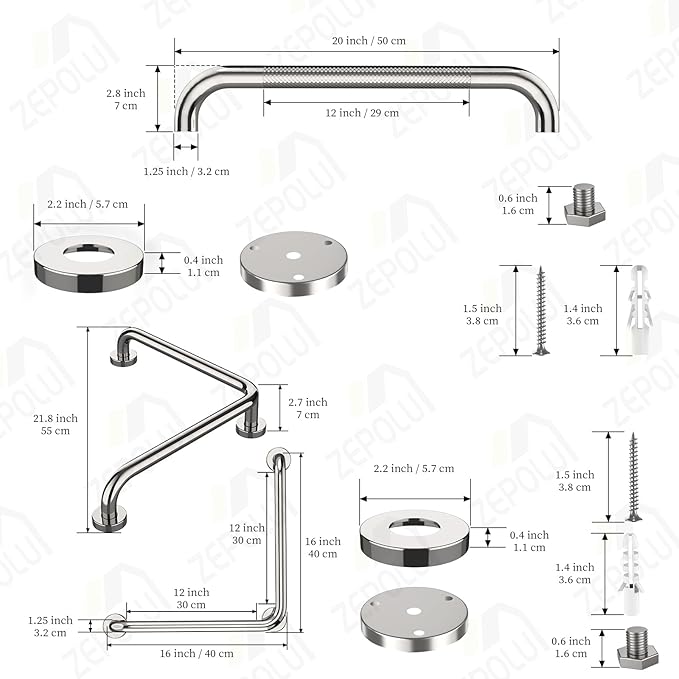 Polished Chrome L-Shaped Grab Bar 16x16 Inch + Knurled Shower Grab Rail 20 Inch, Zepolu Stainless Steel Angled Toilet Safety Bar, Bathroom Mobility Aid Handrail, Balance Support Assist Bar for Senior