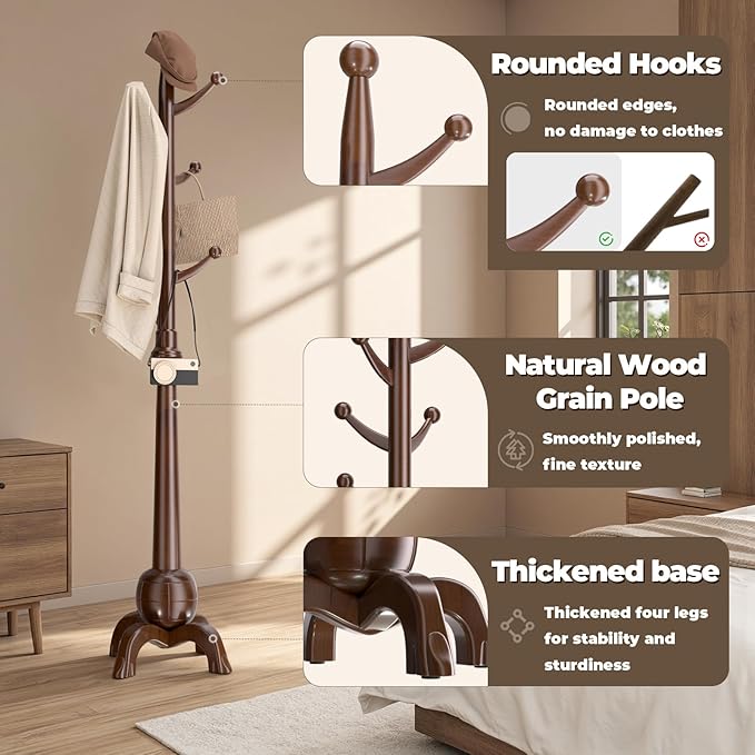 Wood Coat Rack Freestanding, Solid Wooden Hall Tree with 8 Hooks, Coat Tree Freestanding Heavy Duty with Stable Base, Entryway Hallway Bedroom Office Use, 240lbs Load Capacity H:71.6in (Walnut)