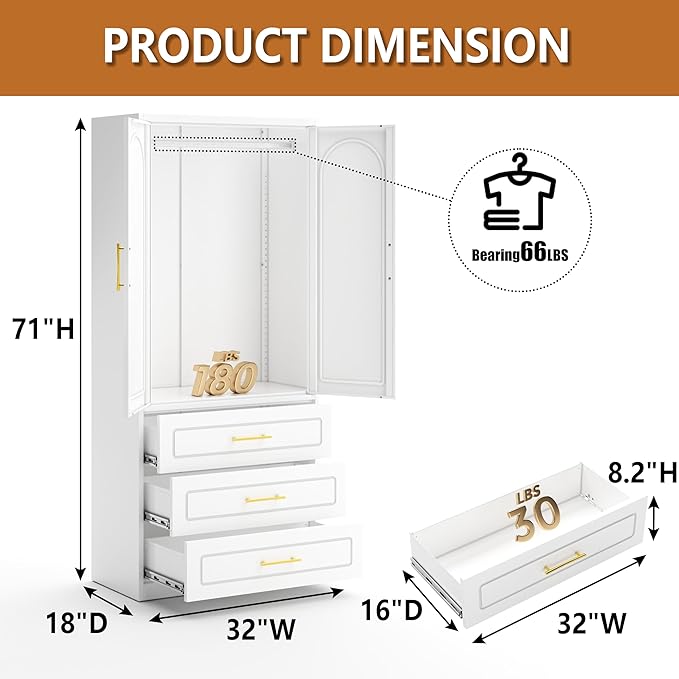 Armoire Wardrobe Closet with Three Drawers, 71" Tall Large Wardrobe Cabinet with Hanging Rod, Clothing Metal Storage Cabinet with Doors and Shelves for Bedroom, White, Assemble Required