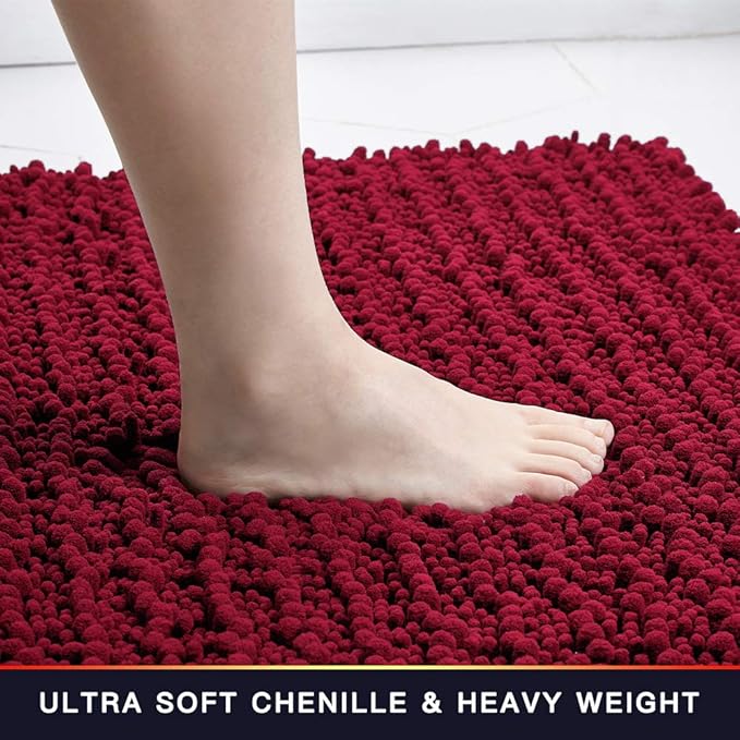 Walensee Bathroom Rug Non Slip Bath Mat (24x17 Inch Red) Water Absorbent Super Soft Shaggy Chenille Machine Washable Dry Extra Thick Perfect Absorbant Best Small Plush Carpet for Shower Floor