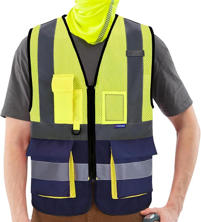 A-SAFETY High Visibility Mesh Safety Reflective Vest with Pockets and Zipper,Hi Vis Viz Reflective Safety Vest(Yellow&Navy Mesh XXL)