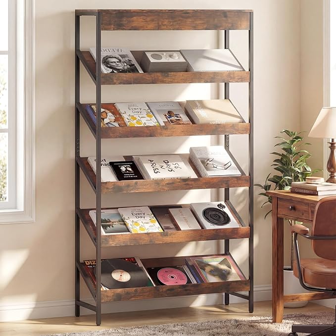 Tangkula 6-Tier Bookshelf, Tall Freestanding Bookcase with Angled Shelves, Industrial Display Rack Storage Organizer with Metal Frame & Anti-Tip Kits for Home Office Living Room (2, Rustic Brown)