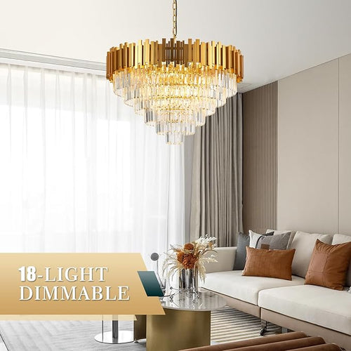 18-Lights 6 Tiers Gold Crystal Chandeliers Luxury 31.5" Modern Crystal Pendant Chandelier Round Hanging Lighting for Living Room Foyer High Ceiling Bedroom Restaurant