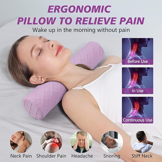 Cozyhealth Cervical Roll Pillow, Medium Soft Memory Foam Neck Round Pillow Cylinder Bolster Pillow for Sleeping, Round Neck Support for Bed, Legs, Back and Yoga (Purple, Medium - 3.9" H)