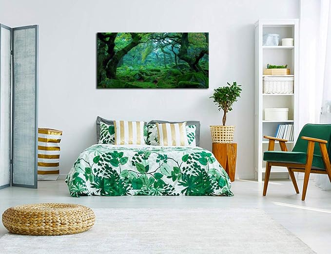 Green Forest Canvas Wall Art Living Room Decoration Big Trees Nature Picture Large Modern Canvas Artwork Contemporary Woods Mossy Rock Spring Season Prints for Kitchen Office Home Decoration 29" x 58"