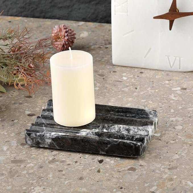 Marble Soap Dish, Bar Soap Holder Shower, Black Soaps Bathroom Saver with Water Ripple Design, Easy Cleaning Natural Stone Sponge Holder for Kitchen Sink, Executive Jewelry Ring Tray