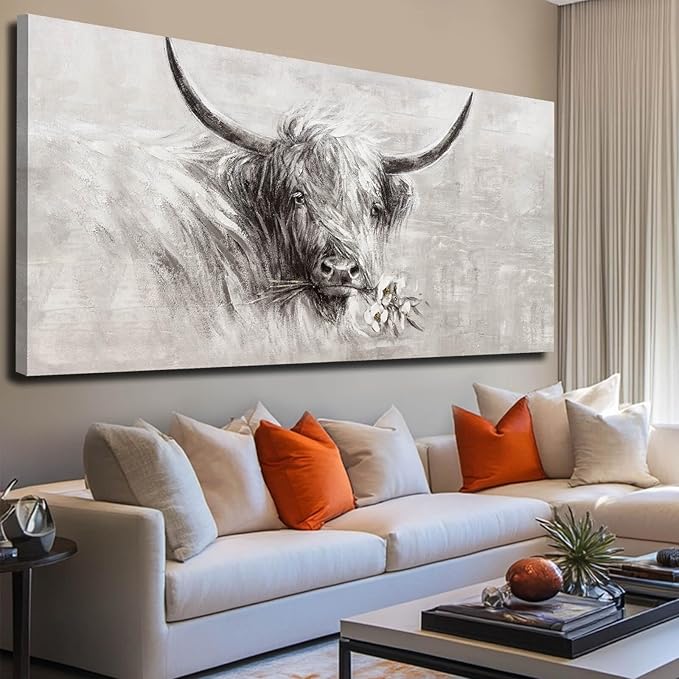 MLART99 Farmhouse Decor Wall Cow Painting Wall Art for Living Room White Flower Wall Decor 29"x 58" Grey Artwork for Bedroom Dining Room Decorations