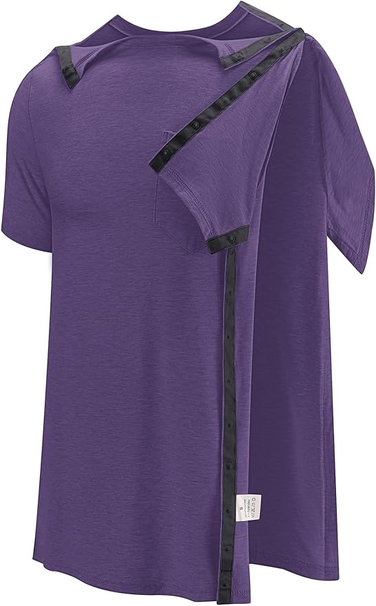 Poriff Men's Post Shoulder Surgery Recovery Shirts Full Tear Away Short Sleeve Snap Chemo Port Access Shirt