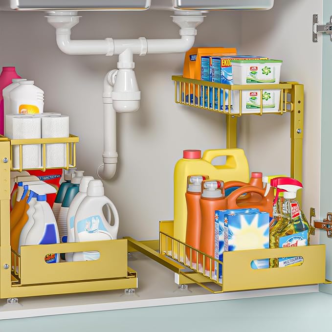 2 Pack Pro Under Sink Organizer Storage: Premium Metal 2-Tier Pull-Out Wire Basket Organizer, L Shape Height Adjustable, Easy Installation | Kitchen & Bathroom Cabinet Organizers