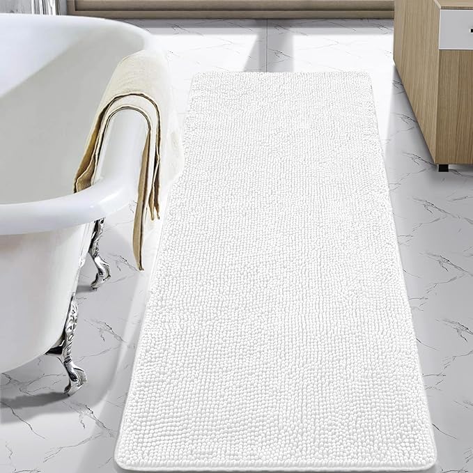 LOCHAS Luxury Bathroom Rug Shaggy Bath Mat 24 x 70 Inch, Washable Non Slip Bath Rugs for Bathroom Shower, Soft Plush Chenille Absorbent Carpets Mats, White