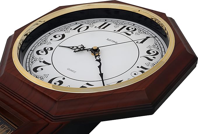 JUSTIME Traditional Schoolhouse Classic Vintage Arabic Regulator Wall Clock, Chiming Wall Clocks with Pendulum & Westminster Chime Hourly, Schoolhouse Wall Decor Battery Operated (Dark Wood Grain)