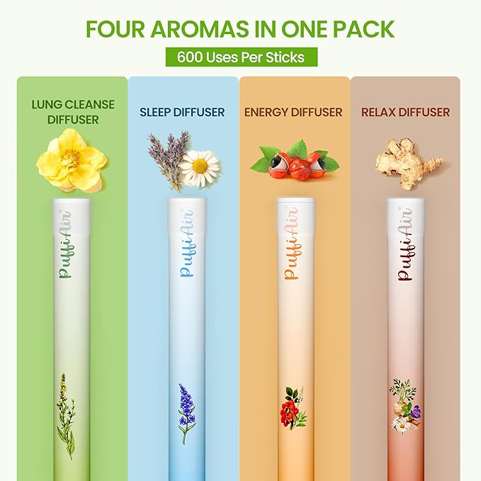 PUFFIAIR Balanced Routine Quad Herbal Diffuser Pen Set | Energy Relax Calm Blends | Green Brown Orange Blue | 4 Count