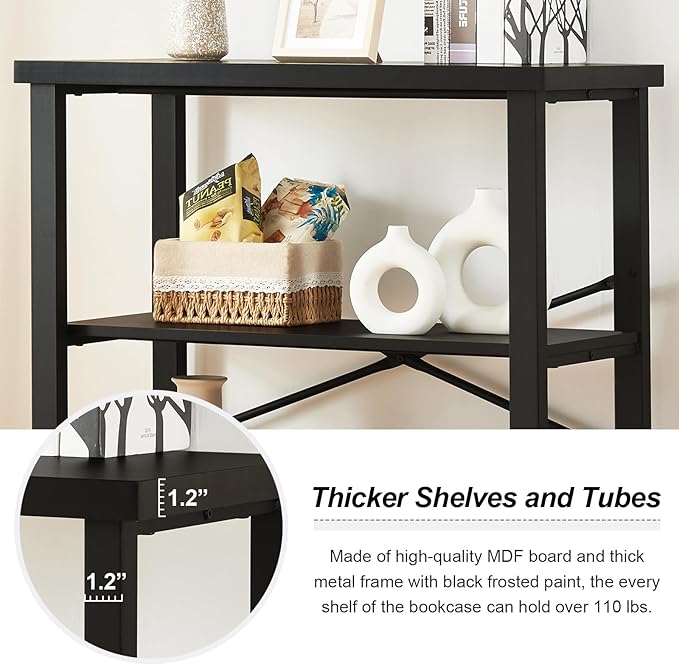 HOMBAZAAR 3 Tier Bookshelf,Black Industrial Book Shelf,Engineered Wood and Metal Deep Bookcases,Low Shelf Bookcase for Living Room,Office,Bedroom and Kitchen