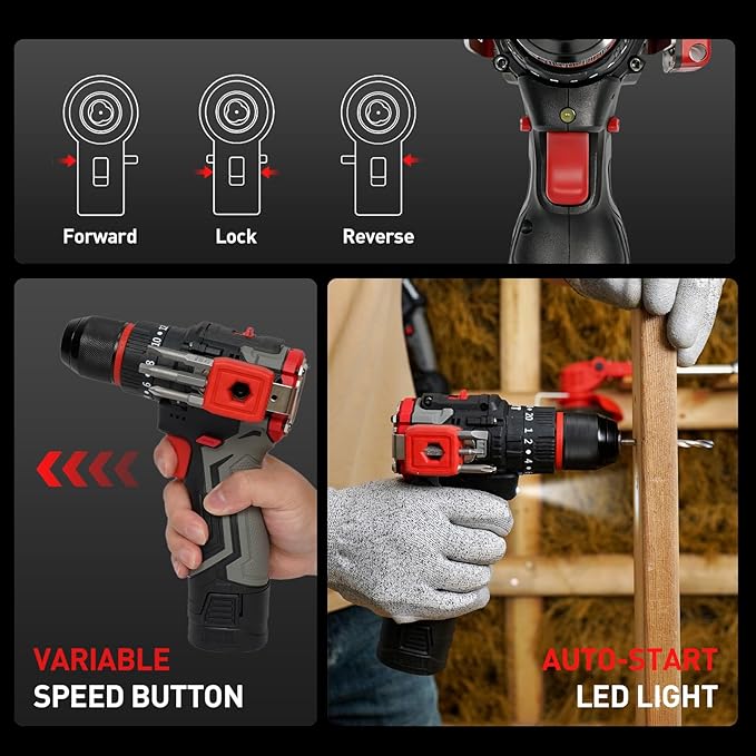 Cordless Drill Set, 16V Electric Power Drill with 2 Batteries, 398 In-lb Torque, 2-Speed & 20+3 Position Setting for DIY Home Improvement, 3/8" Keyless Chuck, LED Light