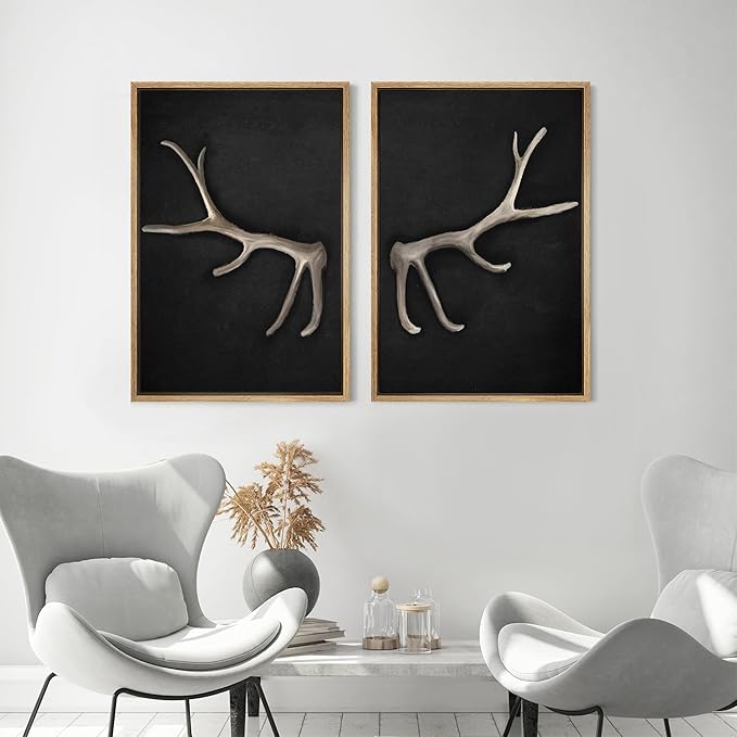 MUDECOR Framed Canvas Print Wall Art Rustic Antler Minimalist Antler Illustrations Modern Art Decorative Bohemian Colorful Chic for Living Room, Bedroom, Office - 16"x24"x2 Natural