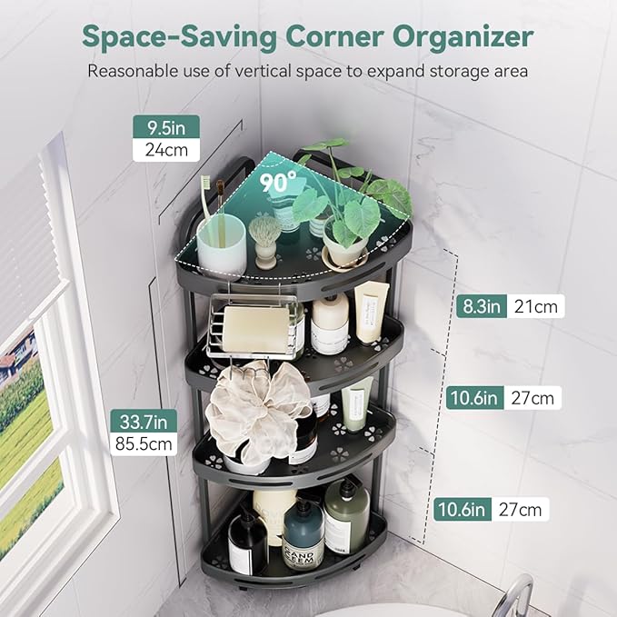 Corner Shower Caddy Stand, 4 Tier Standing Shower Organizer with Soap Holder, Rustproof Shower Shelves for Bathroom Shampoo Storage, Grey
