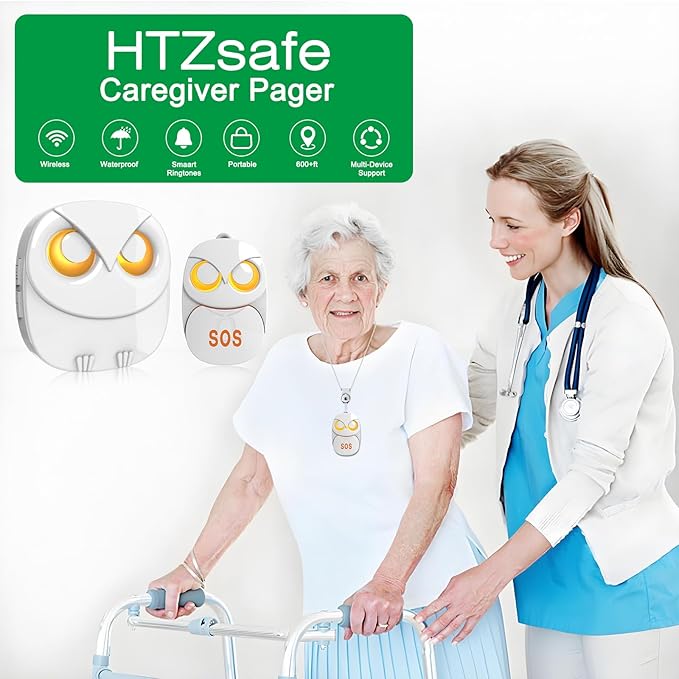 HTZSAFE Caregiver Pager Wireless Call Button 500+ Feet, SOS Alert Nurse Calling Elderly Fall Help System for Patient/Disabled Monitoring at Home, IP55 Waterproof, 2 Transmitters + 2 Receivers, White