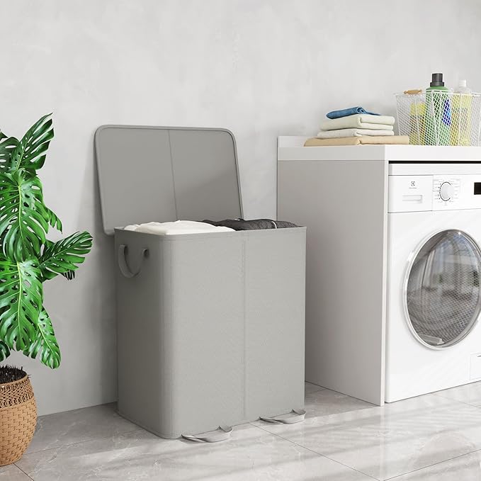 Lifewit Double Laundry Hamper with Lid and Removable Laundry Bags, Large Collapsible 2 Dividers Dirty Clothes Basket with Handles for Bedroom, Laundry Room, Closet, Bathroom, College, 155L Silver Gray