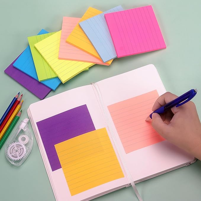 Eastern Wolf 8 Pads Lined Sticky Notes 4x4 Sticky Notes with Lines Self-Stick Note Pads 8 Bright Multi Colors, 50 Sheet/Pad