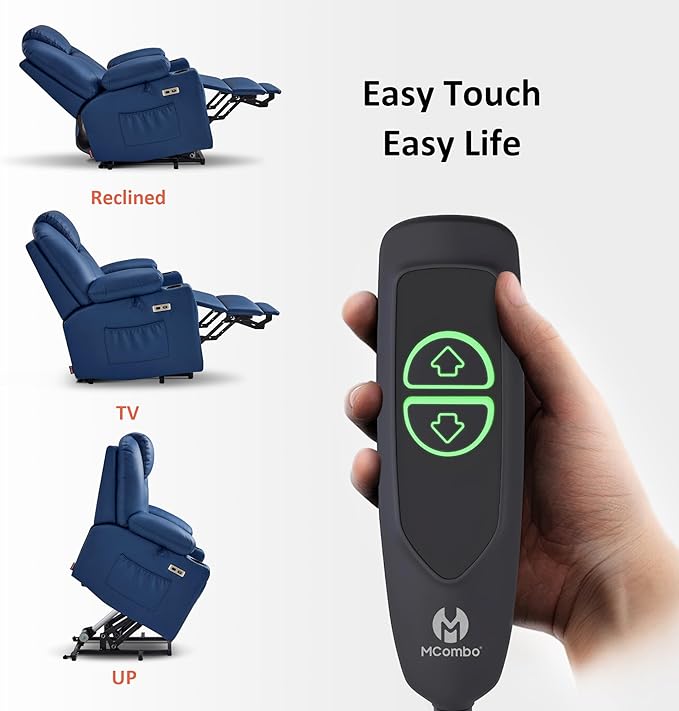 MCombo Power Lift Recliner Chair for Elderly, Lift Chair with Heat and Massage, FSC Certified, USB Ports, Cup Holders, Faux Leather 7141 (Blue, Small)