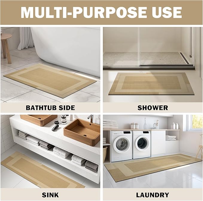 Non Slip Bath Mat, Rubber Backing Ultra Thin Bathroom Rugs Fit Under Door Quick Dry Super Absorbent Washable Bath Rug Shower Mat for Bathroom Floor Bathtub Shower Sink, Easy Care Brown 20"x 32"