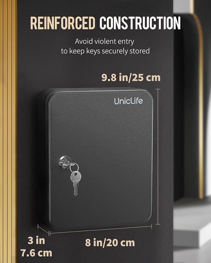 Uniclife 48-Key Steel Key Cabinet with 2 Unlocking Keys Wall Mounted Key Organizer Black Frosted Security Box with Hooks and Key Tag Labels Identifiers in 9 Assorted Colors