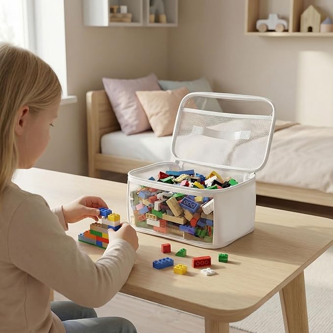 HOLAY Clear Toy Storage Bags with Handle, 4 Pack Playroom Storage Organizer Bins Kids Toys, Board Games, Busy Bags, and Homeschool Supplies –Transparent PVC with Reinforced Base(White, Small)